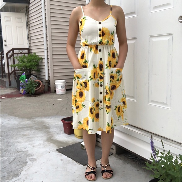 NEW Beige/Yellow Sunflower Print Sundress - Picture 3 of 7